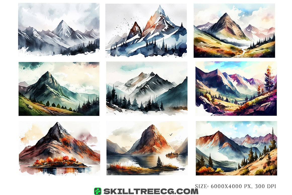 图片[4]-Watercolor Landscape Mountains Background（392680）-技能树